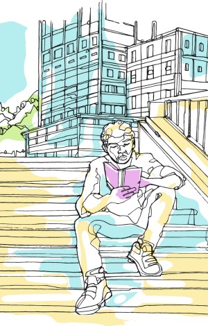 illustration of man reading a book whilst sat on steps